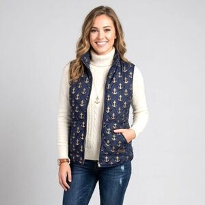 Simply Southern Nautical Full Zip Women’s Puffer Vest Medium Navy Boat Anchors